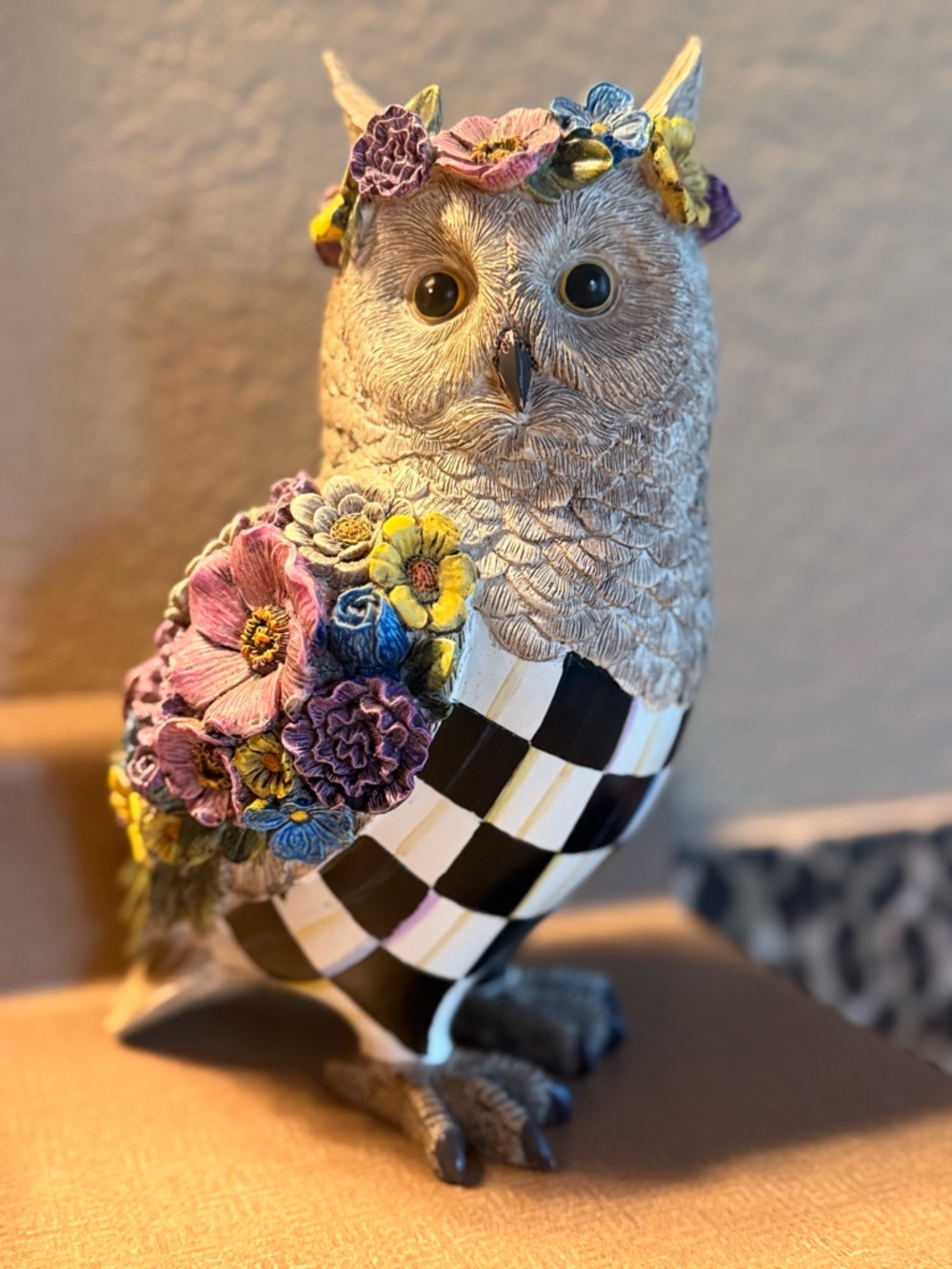 MacKenzie-Childs Black and Cream Check Floral Owl Statue